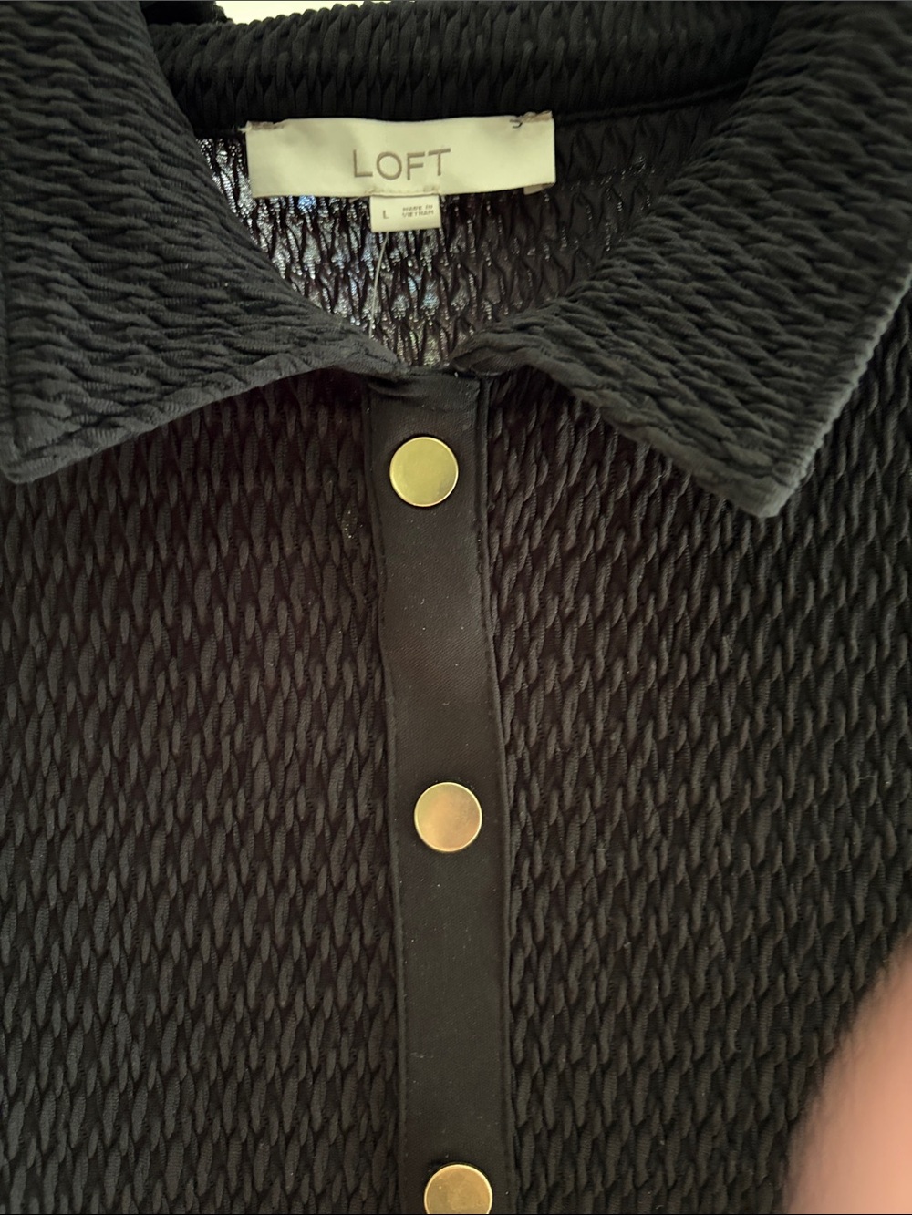 LOFT Black Textured Button-Front Ruffle Hem Top - Picture 6 of 6